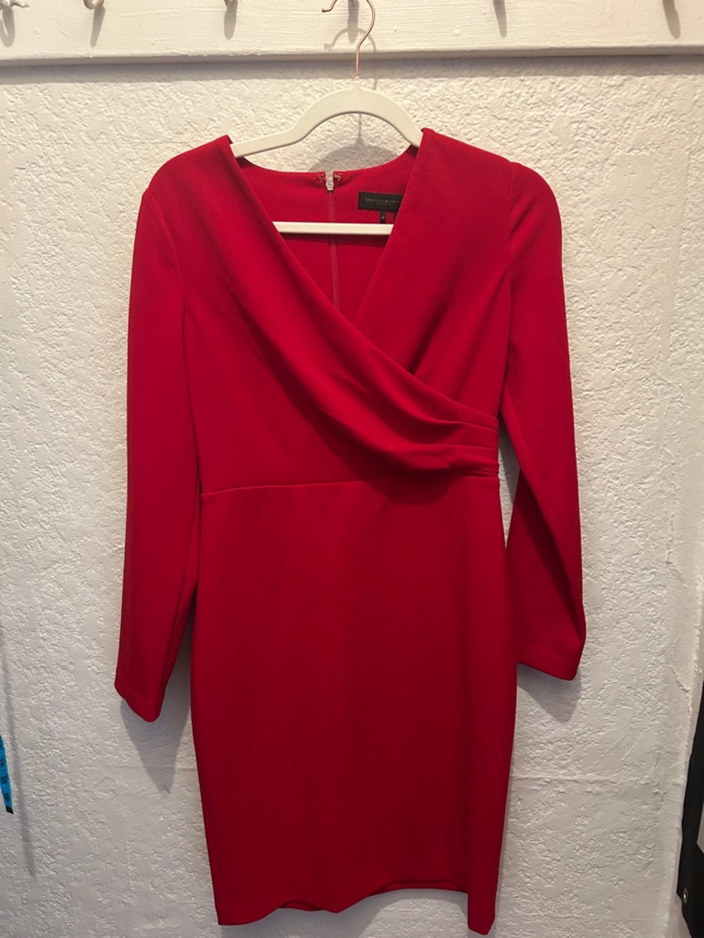 Donna Karan Red Long-Sleeve Faux-Wrap Sheath Dress